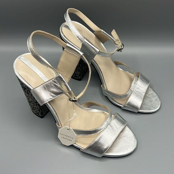 Zara Leather Silver Beaded Block Heels - Picture 9 of 9